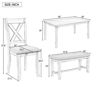 6-Piece Farmhouse Dining Table Set with Bench and Cushioned Chairs