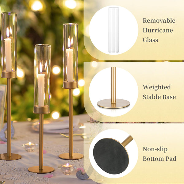 Gold Hurricane Candlestick Holders Set with Glass Candle Cover