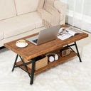 Rustic Brown 2-Tier Pine Wood Coffee Table with Metal X-Legs