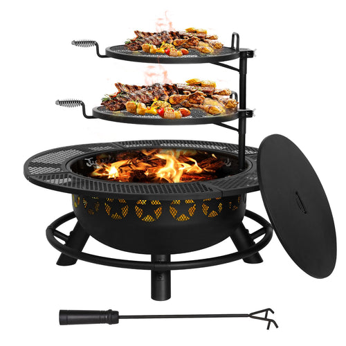 35 Inch Outdoor Wood Burning Fire Pit with Cooking Grate & Cover Lid
