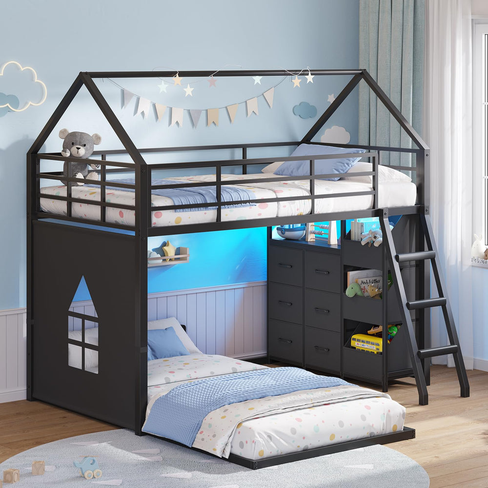 Twin Over Twin House Bunk Bed with LED Lights, Storage Drawers & Safety Guardrail