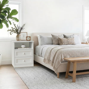 White Wooden Nightstand with LED Lights & Charging Station