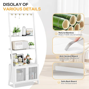 4-Tier Bamboo Ladder Bookshelf with Drawers & Hooks