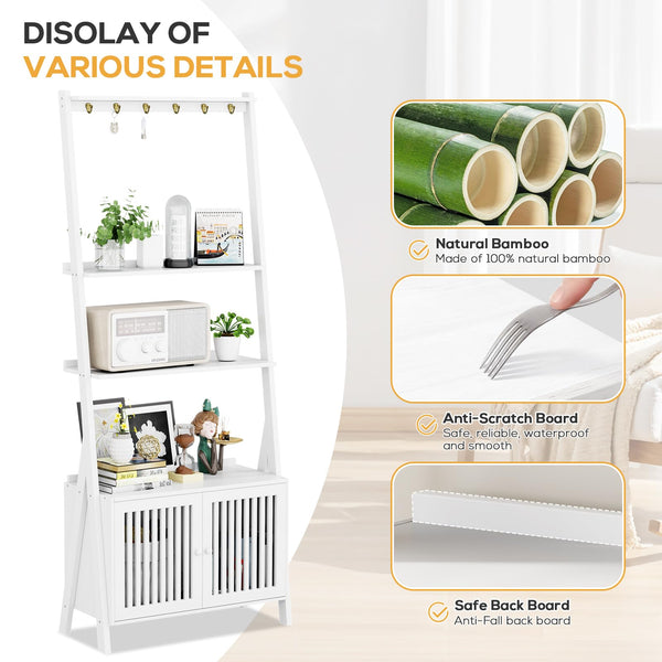 4-Tier Bamboo Ladder Bookshelf with Drawers & Hooks
