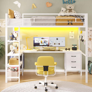Twin Metal Loft Bed with L-Shaped Desk, LED Lights & Charging Station