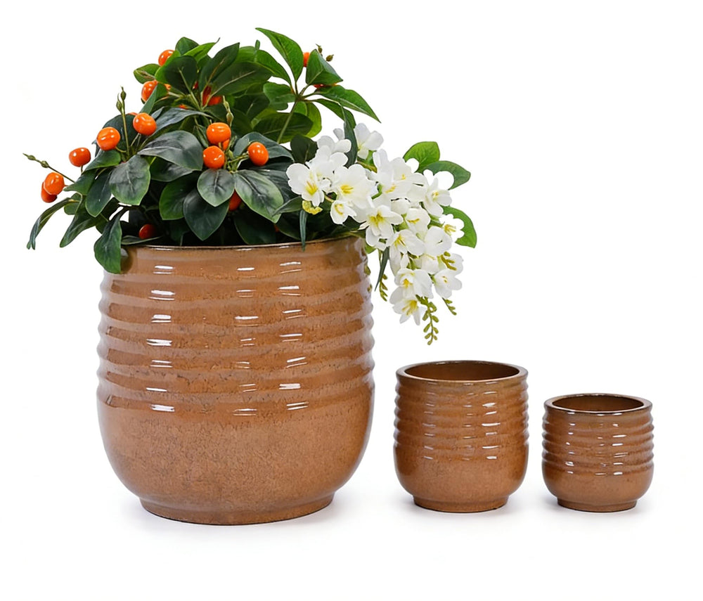 Ceramic Plant Pots Set of 3 with Drainage Holes – Ribbed Glossy Planters