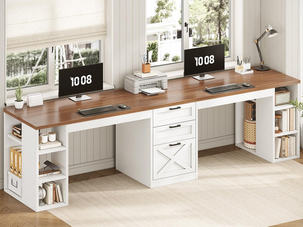 96.5" Two Person Desk with Drawers & Storage Shelves