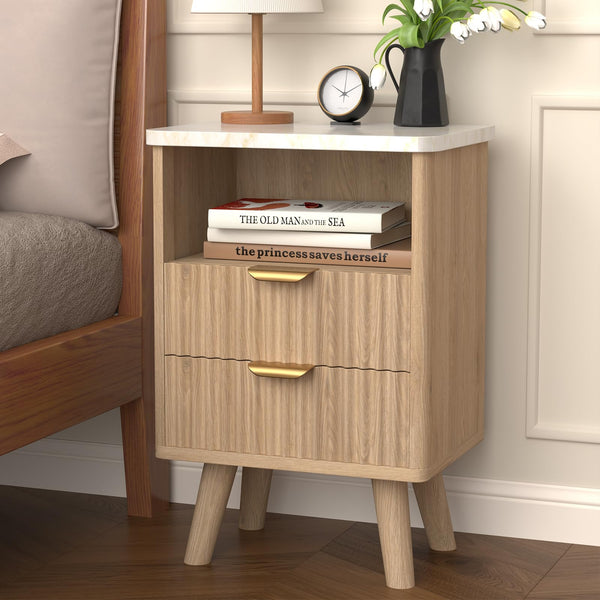 Fluted Nightstand Set of 2 with Drawer & Open Shelf — Oak