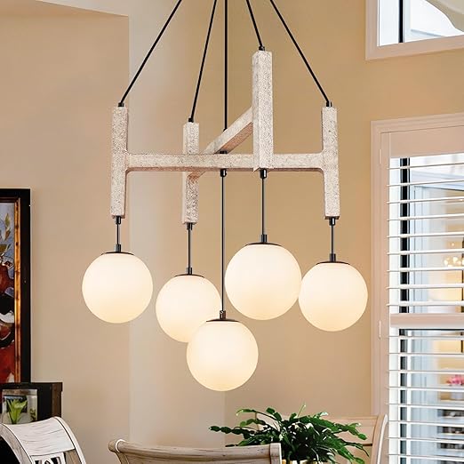 Wood & Glass Farmhouse Chandelier – 7-Light Dining Room Pendant