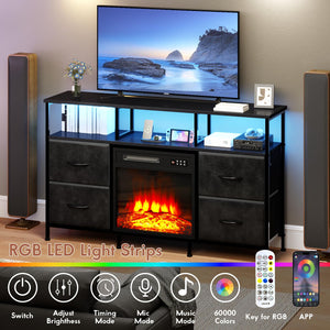 Fireplace TV Stand with Fabric Drawers, LED Lights & Power Outlets