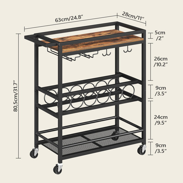 3-Tier Rolling Bar Cart with Wine Rack