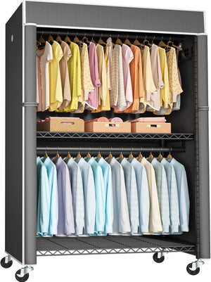 Covered Rolling Clothes Rack with Shelves & Hanger Rods