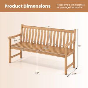 Solid Teak Wood Outdoor Bench with Armrests & Backrest, 3-Seat
