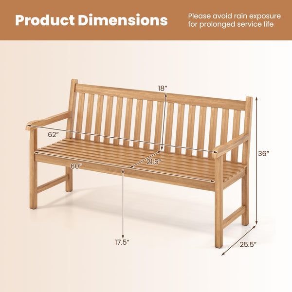Solid Teak Wood Outdoor Bench with Armrests & Backrest, 3-Seat