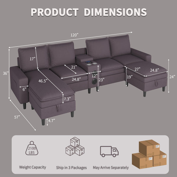 L-Shaped Sectional Sofa with Bluetooth Speaker, LED Lights & Charging Station