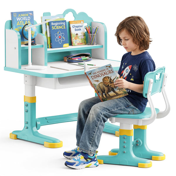 Height Adjustable Kids Desk & Chair Set – Storage Drawer, Castle Backboard, Ages 3–12