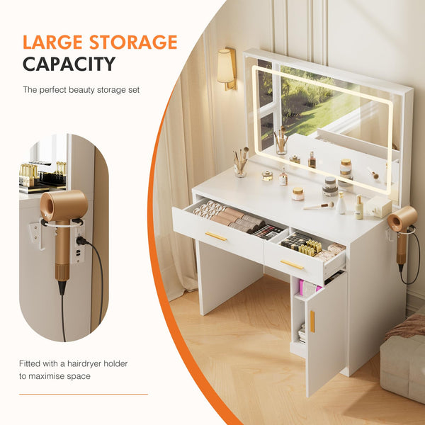 Vanity Desk with LED Mirror, Charging Station & Storage