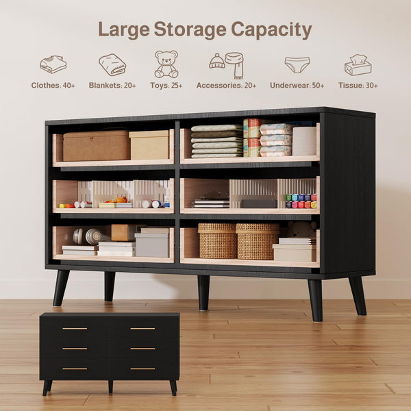 6-Drawer Dresser & 2-Drawer Nightstands Set – 3-Piece Bedroom Set, Black