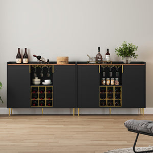 Wine Bar Cabinet with Fluted Panels, Wine Rack & Glass Holder