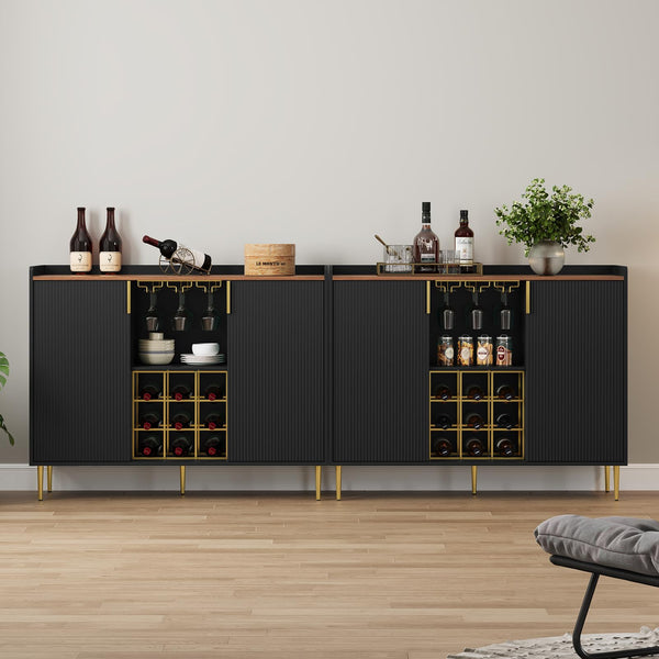 Wine Bar Cabinet with Fluted Panels, Wine Rack & Glass Holder