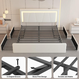 Upholstered Platform Bed Frame with LED Headboard, Storage Drawers & Charging Station