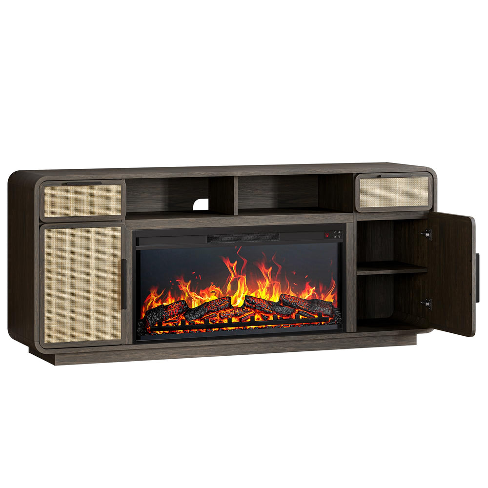 68" Fireplace TV Stand with Rattan Storage Cabinet