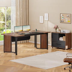 63" L-Shaped Executive Desk with File Cabinet & Power Outlets