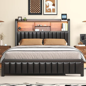 Queen & Full Platform Bed Frame with LED Lights, Storage Headboard & Charging Station