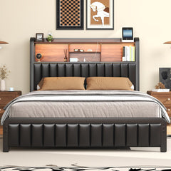 Queen & Full Platform Bed Frame with LED Lights, Storage Headboard & Charging Station