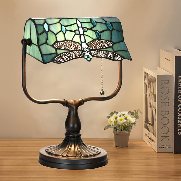 Dragonfly Tiffany Banker Desk Lamp – Stained Glass Green Shade