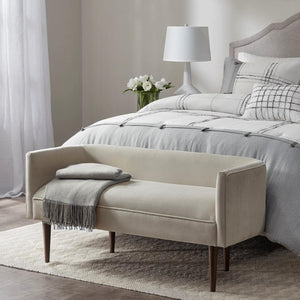 Velvet Accent Bench with Curved Backrest & Wood Legs – Cream