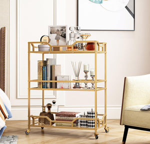 3-Tier Gold Bar Cart with Glass Shelves & Wheels