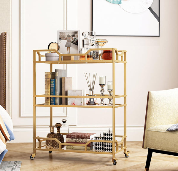 3-Tier Gold Bar Cart with Glass Shelves & Wheels