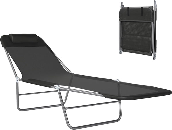 Folding Outdoor Chaise Lounge Chair with Pillow & Reclining Back