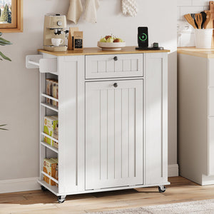 Kitchen Island with Trash Cabinet & Power Outlet