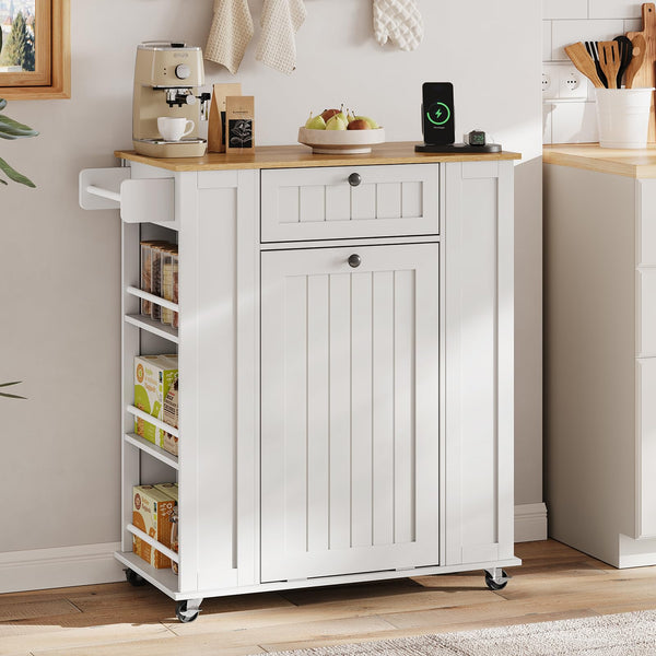 Kitchen Island with Trash Cabinet & Power Outlet