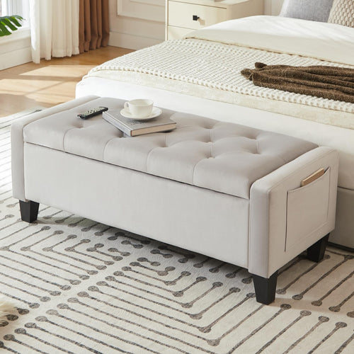 Velvet Storage Ottoman Bench with Side Pockets