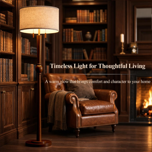 62.8" Solid Wood Floor Lamp with Linen Drum Shade & Pull Chain