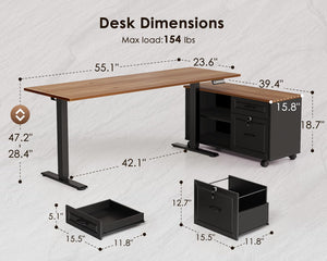 L-Shaped Electric Standing Desk with File Cabinet, 55 Inch Height Adjustable Sit-Stand Computer Desk