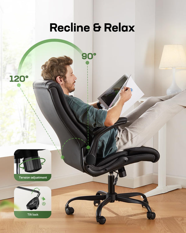 Ergonomic Executive Office Chair with Flip-Up Armrests & PU Leather