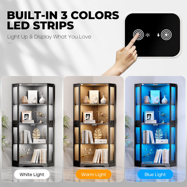 Corner Display Cabinet with LED Lights, 4-Tier Glass Curio Cabinet with Human Sensor, 65"H