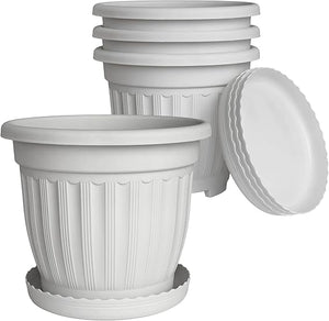 Large Plastic Planters with Drainage & Saucers – Set of 4