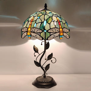 Tiffany Stained Glass Table Lamp with Metal Leaf Base