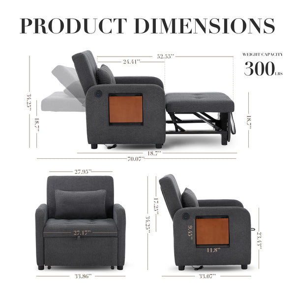 Convertible Sleeper Chair with USB Port & Foldable Table