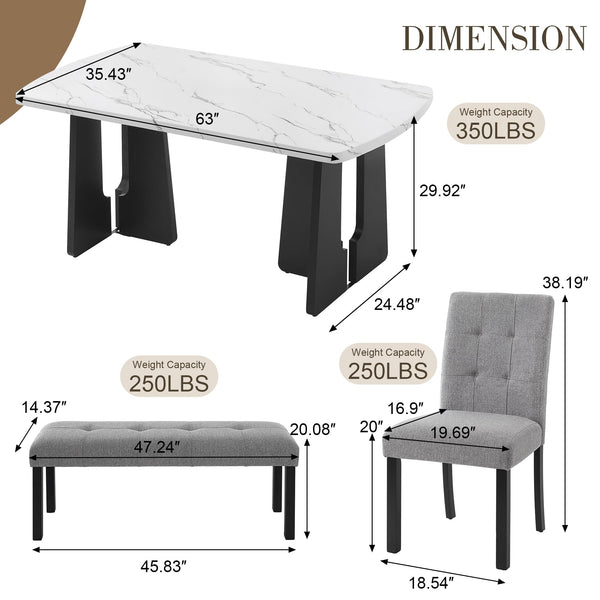 6-Piece Faux Marble Oval Dining Table Set with Chairs and Bench