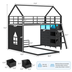 Twin Over Twin House Bunk Bed with LED Lights, Storage Drawers & Safety Guardrail