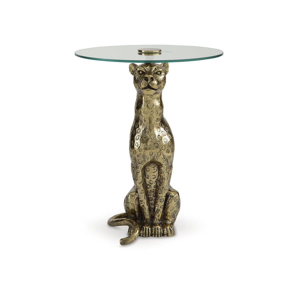 Leopard Base Glass Accent Table – Round End Table, Clear & Gold