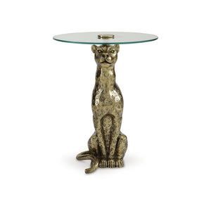 Leopard Base Glass Accent Table – Round End Table, Clear & Gold