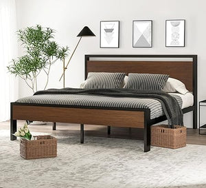 Metal Platform Bed Frame with Wooden Headboard & Footboard