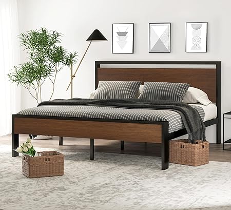 Metal Platform Bed Frame with Wooden Headboard & Footboard
